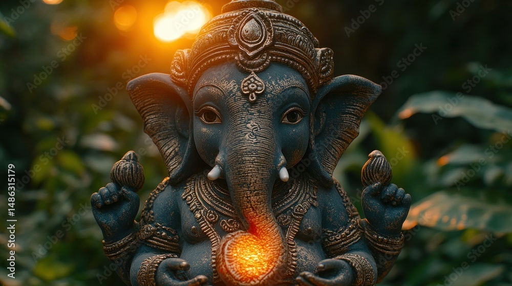 Obraz premium Dark-hued elephant-headed deity statue in a garden setting