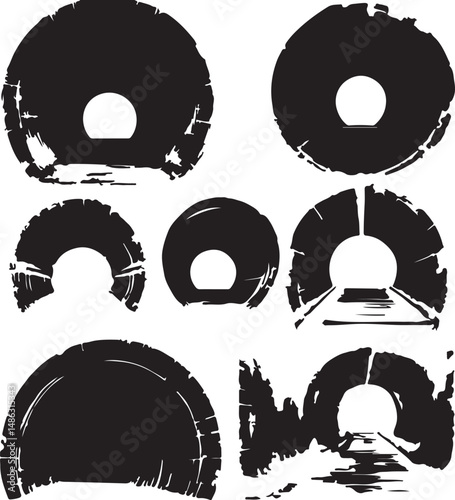 Grunge Tunnel Vector Illustration Set, Black and White Graphics