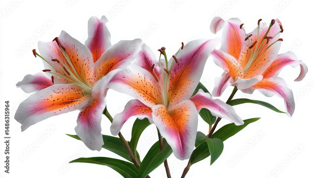 Fototapeta premium Stunning Trio of Asiatic Lilies Blooming Vibrantly Isolated on White Background