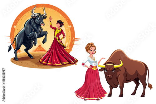 Matador Bullfighter Spanish woman in traditional attire and bull, beauty fictional character, Corrida, bullfighting in Spain, bullfighter, bullfight, bullfighter awaiting for the bul, set