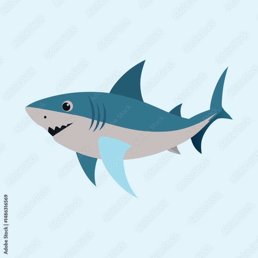 Fototapeta premium Cartoon Great White Shark Swimming in the Ocean with a Calm Demeanor
