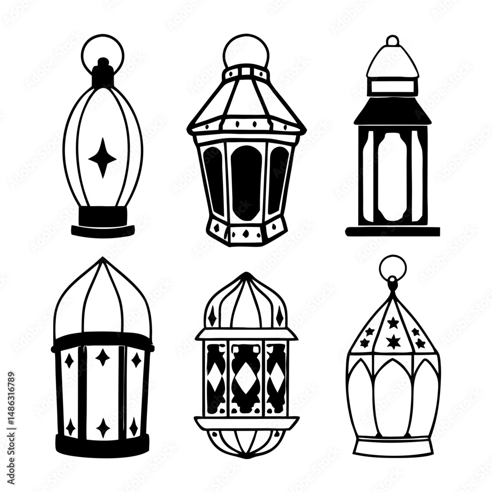 Arabic Traditional Lamps . Ramadan Hanging Lamp Icons – Black Silhouette Set
Arabic Traditional Lamps . Ramadan Hanging Lamp Icons – Black Silhouette Set