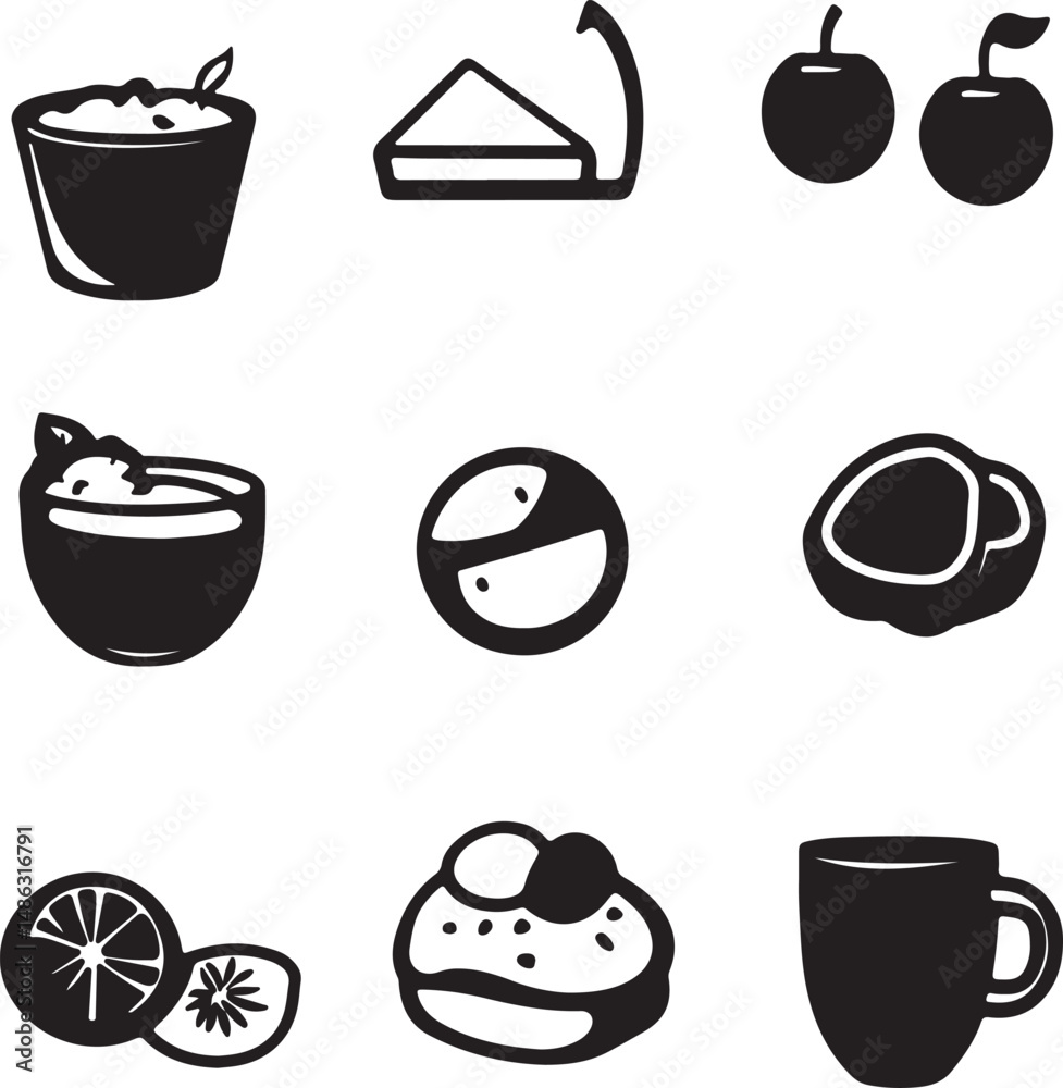 Fototapeta premium Black and White Food Icons: Dessert, Fruit, and Drink Illustrations