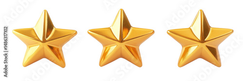 Three shiny golden stars arranged in a row on a white background, isolated on transparent background, png