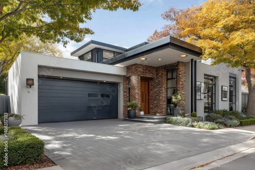 Modern house exterior with lush landscaping and seasonal trees during bright daylight