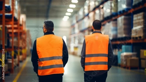 Wallpaper Mural Two workers in reflective vests walking through a warehouse filled with shelves and boxes, showcasing teamwork and logistics. Torontodigital.ca
