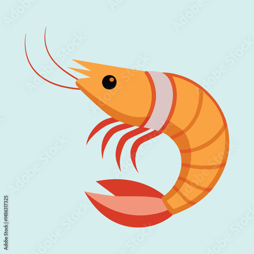 Cute cartoon shrimp with orange body and a light blue background