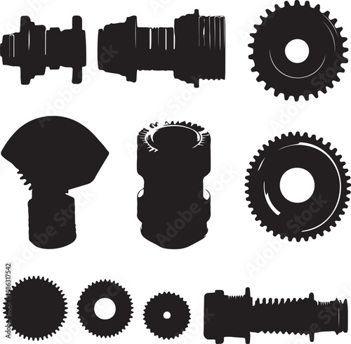 Black Silhouette Vector Art of Gears, Cogs, and Mechanical Parts