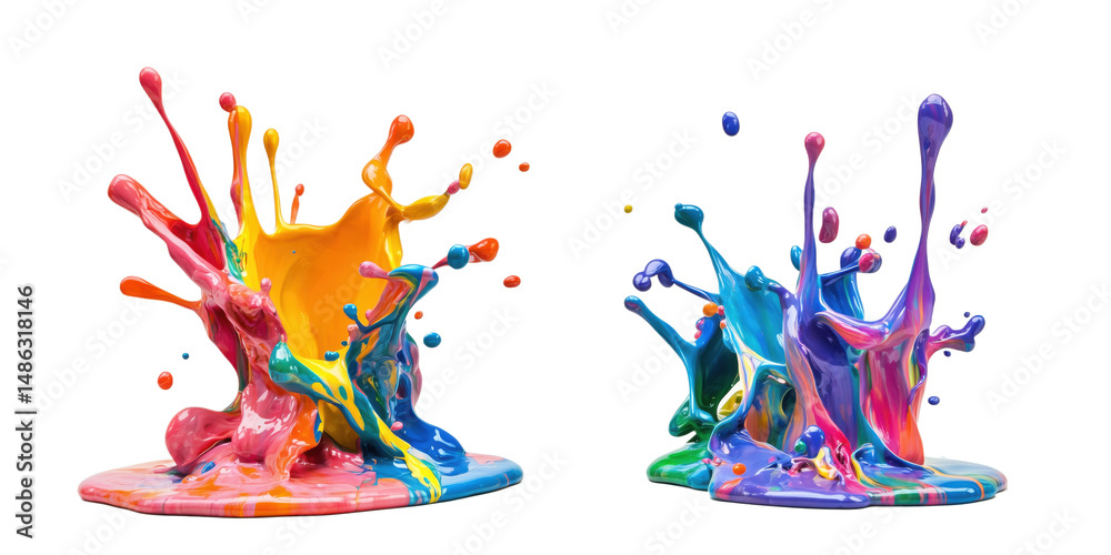 Obraz premium Colorful paint splashes creating vibrant abstract art on white background, isolated on transparent background, png