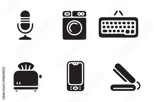 Simple Black Icons of Everyday Appliances and Technology