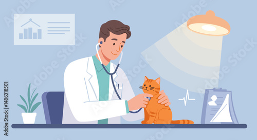 Veterinarian examining a cat using a stethoscope in clinic setting  