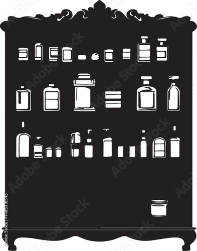Ornate Apothecary Cabinet Silhouette with Vintage Medicine Bottles