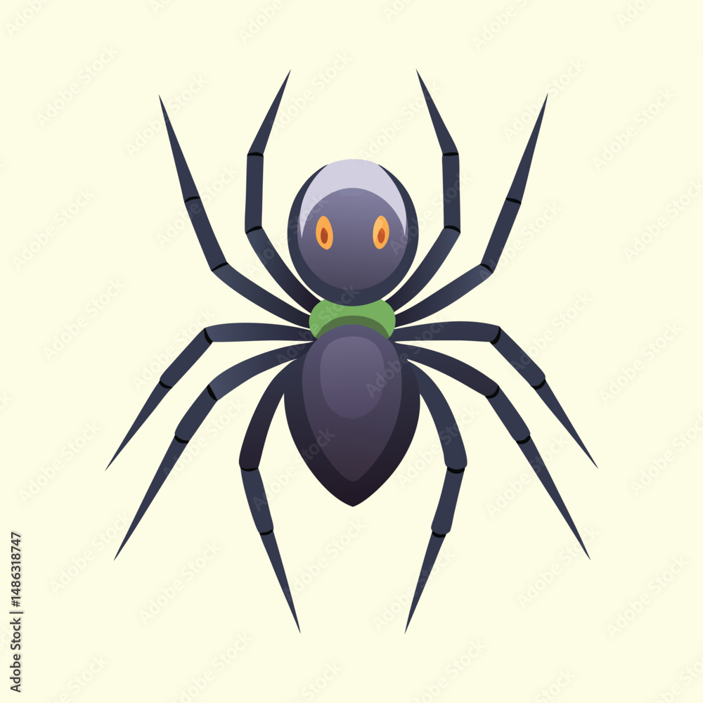 Obraz premium Cartoon Black Spider with Orange Eyes and Green Accent on Tan Background