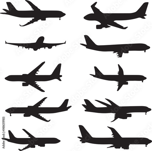 Airplane Silhouettes Set: Commercial Aviation Vector Graphics Collection