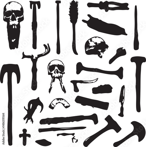 Skulls, Bones, and Tools: Black and White Vector Illustration Art