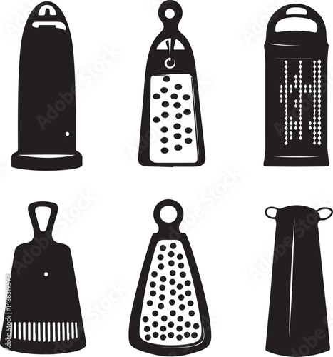 Black & White Grater Vector Art: Kitchen Tool Silhouettes & Icon Set