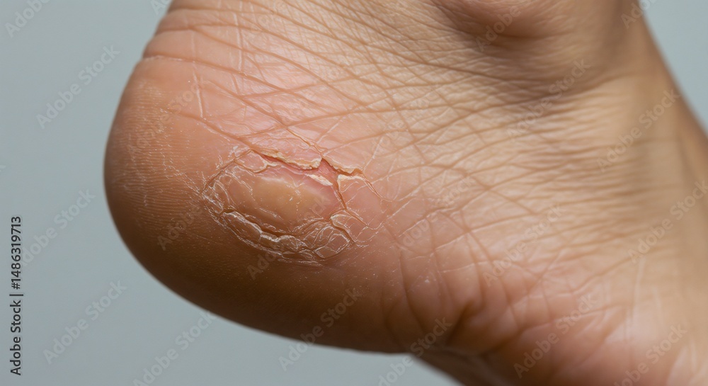 Fototapeta premium Close-up of dry cracked heel with callus on foot, showcasing skin condition