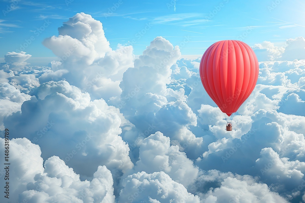 Fototapeta premium Red Balloon Ascending Through Blue and White Clouds Varient 5