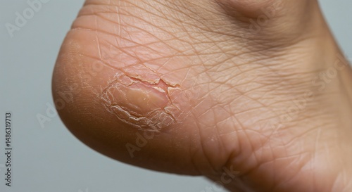 Close-up of dry cracked heel with callus on foot, showcasing skin condition