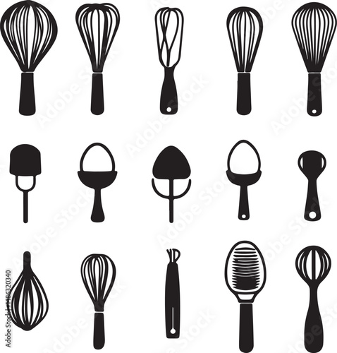Black and White Kitchen Utensils: Whisk, Spoon, Egg Beater Vector Art