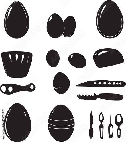 Black and White Egg Silhouettes: Food, Kitchen Utensils, Vector Art