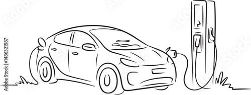 Minimalist line art of an electric vehicle charging at a modern station, simple black outline drawing with clean white background

