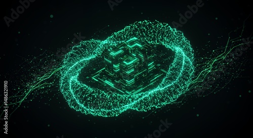 Luminous digital cube surrounded by swirling energy on a dark backdrop