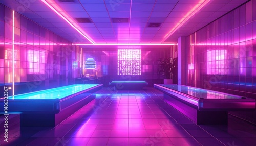 Hall with tiled floor reflecting vibrant magenta/cyan neon lights. Windows glow