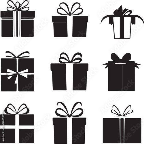 Black Gift Boxes Silhouettes: Festive Presents and Bows Design