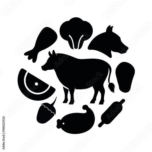 Raw Meat Cuts Black Vector Silhouette Drawing
