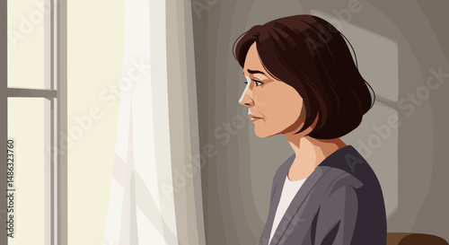 Upset woman looking out window in brightly lit room