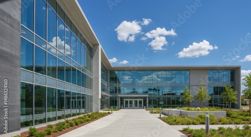 Modern building exterior with glass facade and blue sky reflecting in windows.