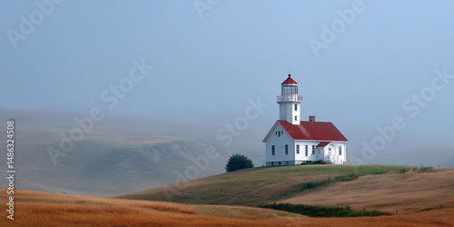 White lighthouse on a hill with grass, a landmark for coastal navigation and tourism