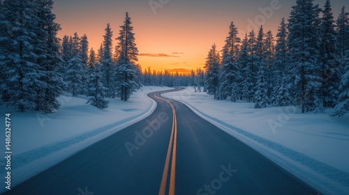 Winter road winding through frosted forest at sunrise.