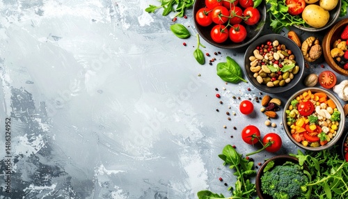 Colorful food bowls & scattered ingredients on a textured gray surface. Copy space on the left
