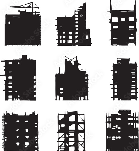 Silhouette of Ruined Buildings: Urban Decay Vector Art Illustration