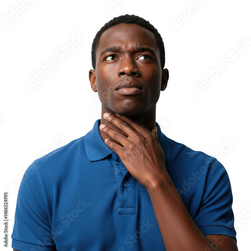 Man with hand on throat looking up isolated on transparent background