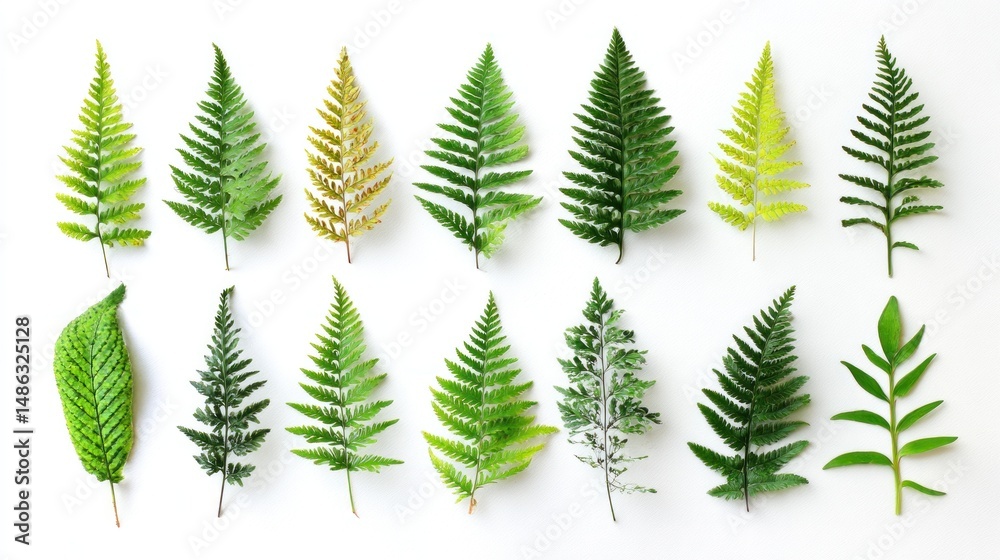 Fototapeta premium Assorted fern and leaf specimens arranged on a white background