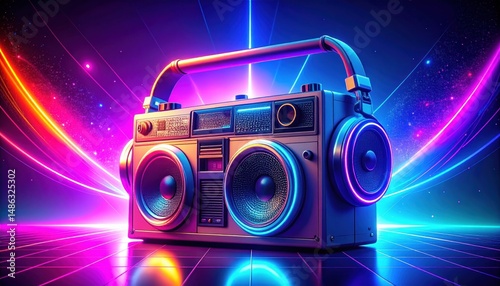 Retro boombox with neon lights and grid floor, vibrant colors, futuristic vibe