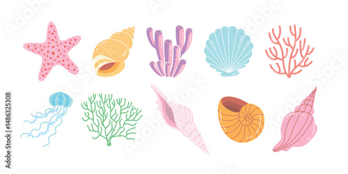 Cute sea animals and shells in cartoon style. Bright marine clipart with coral, starfish and jellyfish. Perfect for kids design and summer decor.