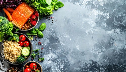 Colorful food bowls border marble. Fresh salmon, grains, and vegetables invite healthy eating