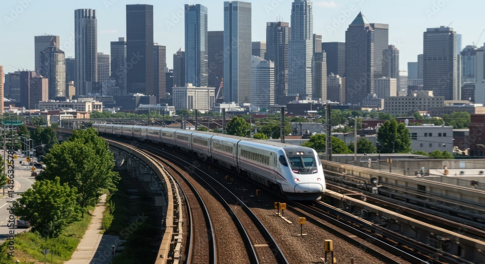 Fototapeta premium Train travels on tracks with a city skyline in the background.
