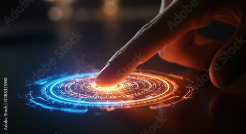 Finger touching a glowing circular interface element with blue and orange light.