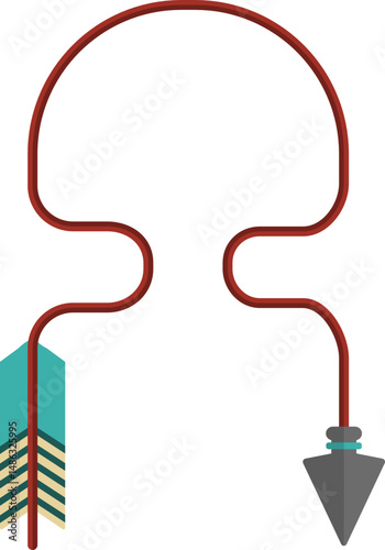 Curved graphic line, in the shape of a tribal arrow with tip and feather traveling along paths of different geometric shapes, forming the letter A of the alphabet
