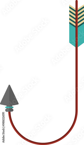 Curved graphic line, in the shape of a tribal arrow with tip and feather traveling along paths of different geometric shapes, forming the letter J of the alphabet