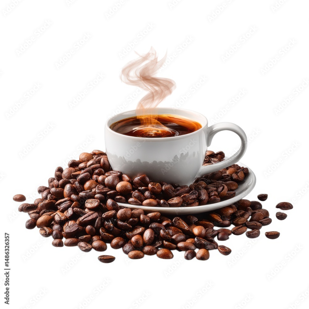 Fototapeta premium Coffee cup with steam and beans isolated on white background