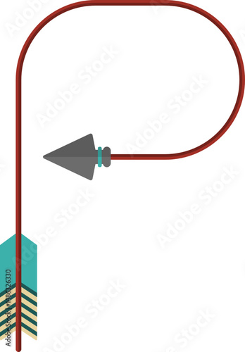 Curved graphic line, in the shape of a tribal arrow with tip and feather traveling along paths of different geometric shapes, forming the letter P of the alphabet