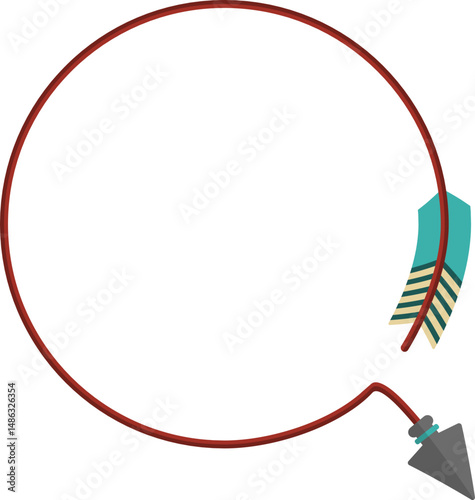 Curved graphic line, in the shape of a tribal arrow with tip and feather traveling along paths of different geometric shapes, forming the letter Q of the alphabet