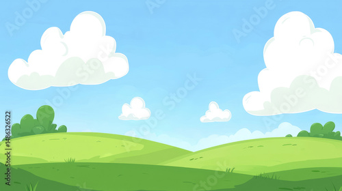 Animated sunny day with fluffy clouds, green hills, and vibrant blue sky