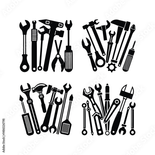 Black and white stylized tools silhouette